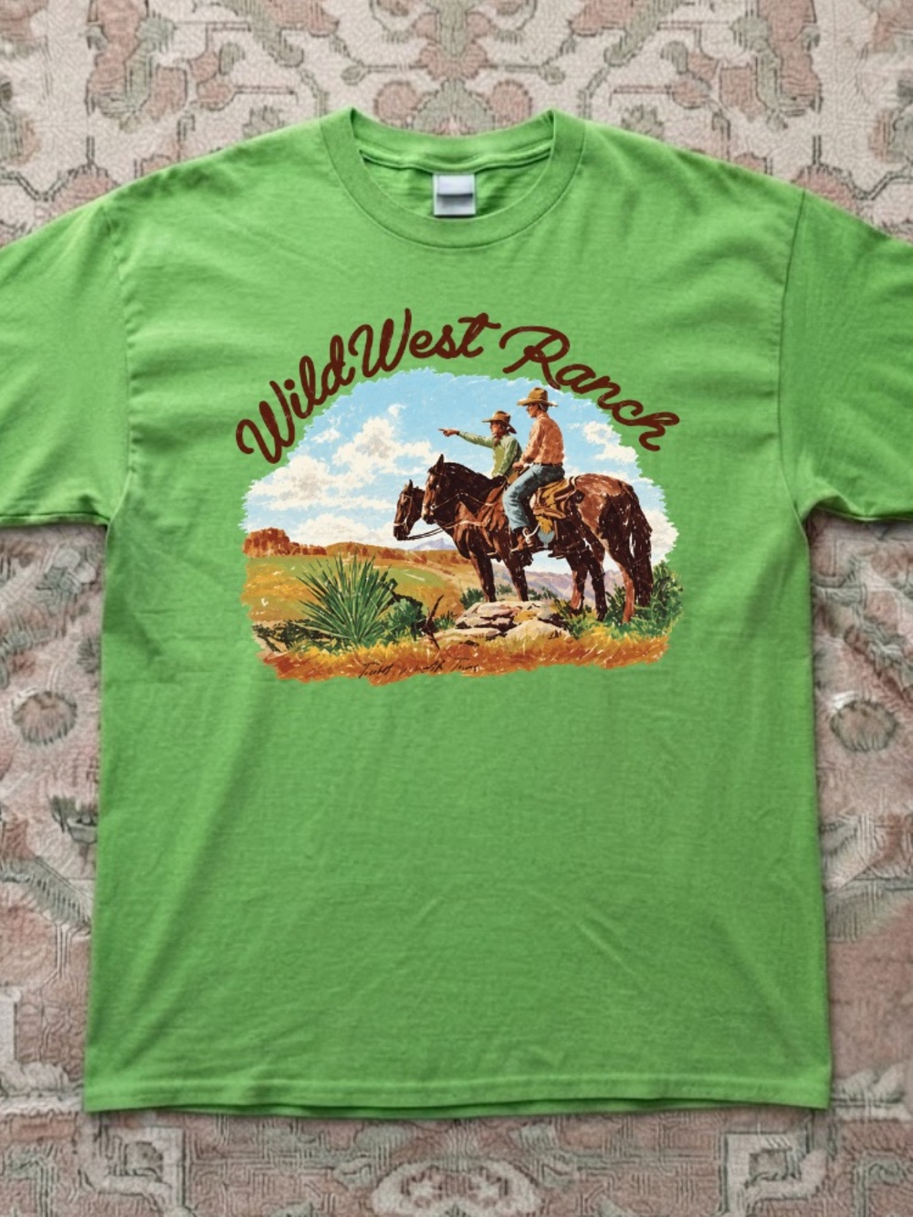 Wild West Ranch Cowboys Horses Desert Landscape Vintage Green T-Shirt
